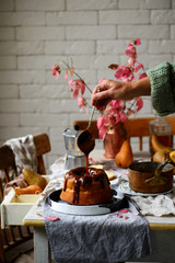 Whole Grain Pear cake with Caramel Glaze .selective focus.
