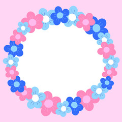 Vector illustration of a bright floral wreath frame with pink and blue flowers.