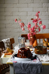 Whole Grain Pear cake with Caramel Glaze .selective focus.