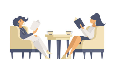 Girlfriends in restaurant flat vector illustrations. Smiling young women sitting in armchairs, reading menu cartoon characters. Beauty salon customers, fashionable visitors waiting for appointment