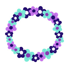 Vector illustration of a bright floral wreath frame with purple, mint green and navy blue flowers.