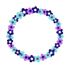 Vector illustration of a bright floral wreath frame with purple, mint green and navy blue flowers.