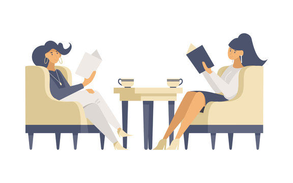 Girlfriends in restaurant flat vector illustrations. Smiling young women sitting in armchairs, reading menu cartoon characters. Beauty salon customers, fashionable visitors waiting for appointment
