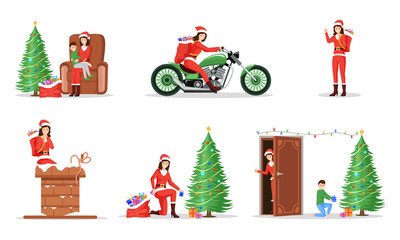 New Year celebration illustrations set. Woman giving presents in Santa Claus costume flat character. Winter holidays items, festive mood, Xmas gift delivery isolated on white background