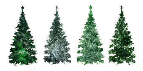 Set of green fir trees. Collection of colorful trees for creating greeting cards. Beautiful Christmas trees, set of elements for design. Christmas trees isolated on a white background.