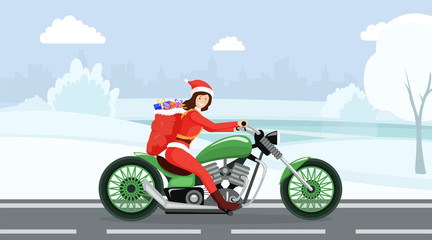Fototapeta na wymiar Xmas gift delivery vector illustration. Woman in Santa Claus costume riding motorbike cartoon character. Female with presents, winter holidays preparation, Christmas spirit, New Year mood