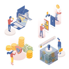 People managing deposits isometric characters set. Money transactions 3d vector illustrations collection. Secure payments, remittance, account protection, voice identification, confidential access