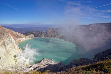 The sulfuric lake of Kawah Ijen vulcano in East Java, Indonesia