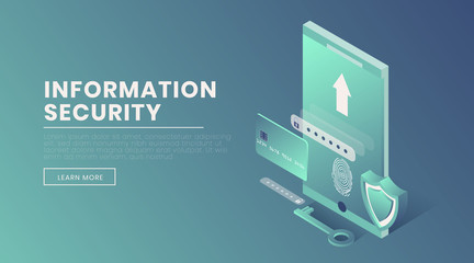 Information security landing page vector 3d template. Account access, fingerprint scanner, voice identification webpage, website design layout. Personal information protection isometric illustration