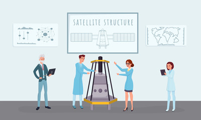 Space satellite construction flat vector illustrations. Professional engineers, scientists group working together cartoon characters. Telecommunication equipment development, assembling process