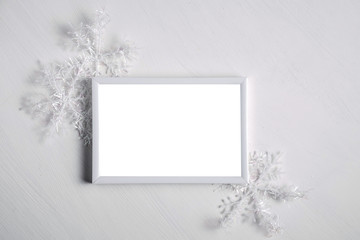 Christmas photo frame.  Christmas decoration photos.  Christmas-themed photo frame with snowflakes