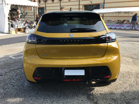 Udine, Italy October 05, 2019: Photo of a new Peugeot 208 Gt-Line  .The New Peugeot 208 is a supermini car produced by the French automaker Peugeot and unveiled at the Geneva Motor Show in March 2019.