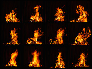 Burning fire at night. A fire in the grill, fireplace and hearth.