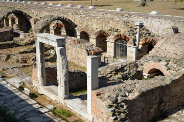 Ancient ruins of roman forum Ancient Agora in Thessaloniki in sunny day tourist destination...