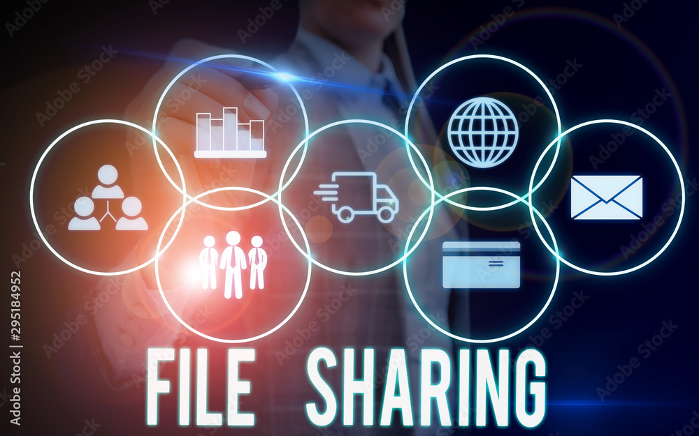 Poster writing note showing file sharing. business concept for transmit files from one computer to another 