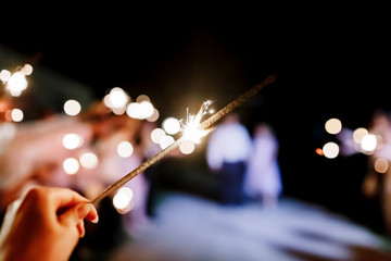 Fototapeta premium A crowd of young happy people with sparklers in their hands during celebration. Sparkler in hands on a wedding - bride, groom and guests holding lights in hand. Sparkling lights of bengal fires.