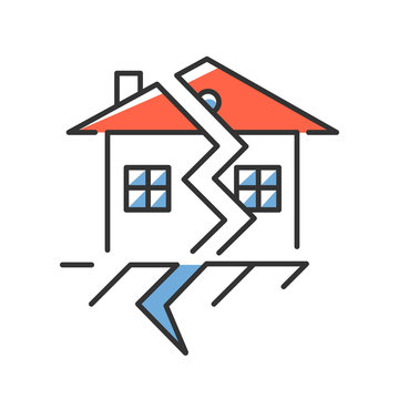 Earthquake color icon. Displacement of earth surface. Natural disaster. Geological fault. Seismic activity. Cracked ground and house. Material damage. Isolated vector illustration