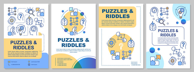 Puzzles and riddles brochure template. Escape room flyer, booklet, leaflet print, cover design with linear illustrations. Vector page layouts for magazines, annual reports, advertising posters