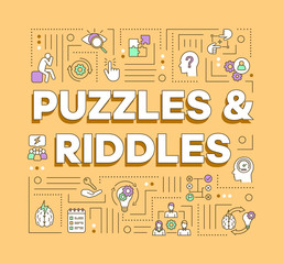 Puzzles and riddles word concepts banner. Solving problems, mysteries presentation, website. Escape games isolated lettering typography idea with linear icons. Vector outline illustration