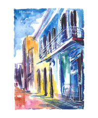 Fototapeta Ręcznie malowany akwarelą widok ulicy  w Hawanie na Kubie obraz