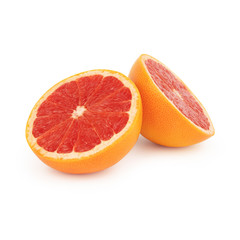 Fototapeta na wymiar Fresh grapefruit orange / pomelo half cut into two equal parts with a juicy red pulp. Isolated on white background. Side view.