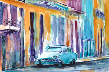 Ręcznie malowany akwarelą widok ulicy  w Hawanie na Kubie - obrazy, fototapety, plakaty