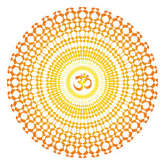 Сircle openwork mandala. Orange, yellow, red colors. Sign Aum / Om / Ohm in center. Spiritual esoteric symbol. Vector graphics art.