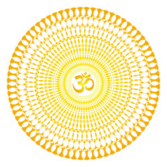 Сircle openwork mandala. Orange, yellow colors. Sign Aum / Om / Ohm in center. Spiritual esoteric symbol. Vector graphics art.
