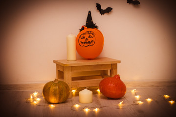 Halloween pumpkins, bats, candles and the lanterns