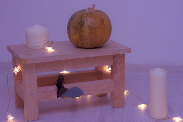 Halloween pumpkins, bats, candles and the lanterns