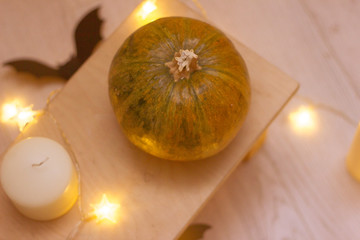 Halloween pumpkins, bats, candles and the lanterns