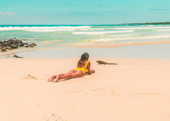Fototapeta na wymiar Woman, Iguana playing on beach Galapagos. Tourist on Tropical beach with turquoise ocean waves and white sand. Sand bay view. Holiday, vacation, paradise, summer vibes. Isabela, San Cristobal