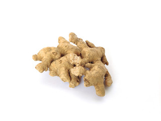 Ginger known as Jahe in Indonesia, isolated on white background. Raw material for traditional medicine herb, alternative Health therapy. Containing Gingerol for anti-inflammatory and antioxidant.