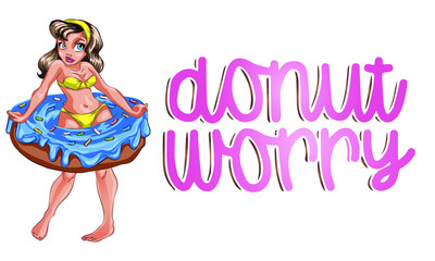 Cute funny little girl wearing a cap holds a donut-shaped children's inflatable lifebuoy. Summer cartoon vector art on a white background. girl in bikin holds a donut swimming circle