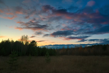 Beautiful sunset in the autumn forest. Colorful landscape.