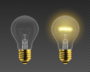 Vector 3d Realistic Golden Turning On and Off Light Bulb Icon Set Closeup Isolated on Dark Transparent Background. Glowing Incandescent Filament Lamps. Creativity Idea, Business Innovation Concept
