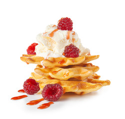 Tasty waffles with berries and ice-cream on white background