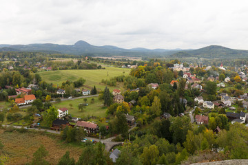 Fototapeta na wymiar Small Town Sloup v Cechach in autumn Landscape of northern Bohemia, Lusatian Mountains, Czech Republic
