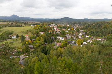 Fototapeta na wymiar Small Town Sloup v Cechach in autumn Landscape of northern Bohemia, Lusatian Mountains, Czech Republic