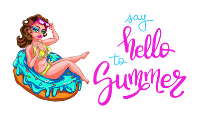 The girl swims and lies on a rubber ring in the shape of a donut. Mass tourism. Get inspired by travel, relax, relax, a sexy girl in a bikini and a hot sunny day on the sea water.