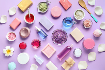 Composition with cosmetics for spa procedures on color background