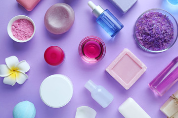 Composition with cosmetics for spa procedures on color background