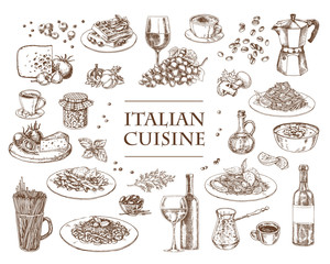 Italian Cuisine vector illustration. Set of traditional italian dishes. Food menu design template. Vintage hand drawn sketch. Engraved image