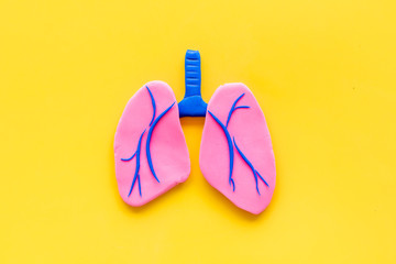 Lung health and diseases. Organ on yellow background top view space for text