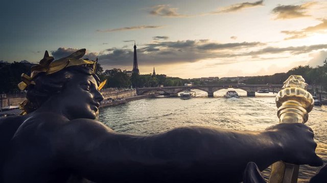 time lapse, Statue on the bridge Alexandre III in Paris