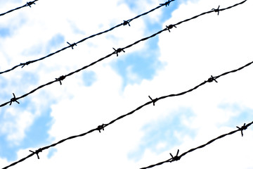 Diagonal barbed wire and sky.