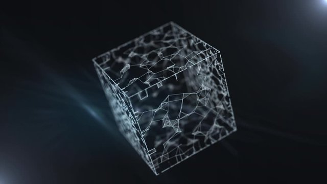 Financial cube hologram of luminous network connections.