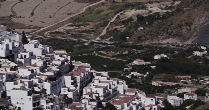 Panning shot of the town of Mojacar in Andalusia, Spain by summer.
