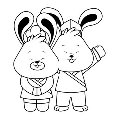 Cartoon Rabbits with kimonos icon, flat design