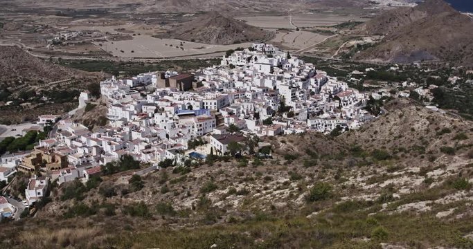 Hilltop view of the town of Mojacar in Andalusia, Spain by summer.